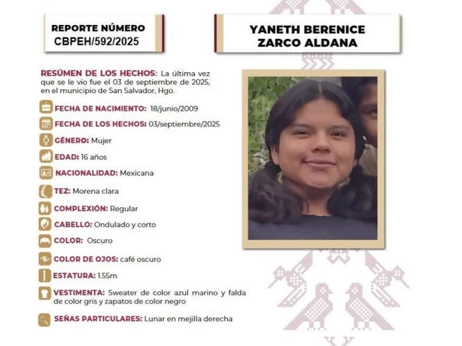 Menor de edad desaparece en Hidalgo; solicitan apoyo para su localización