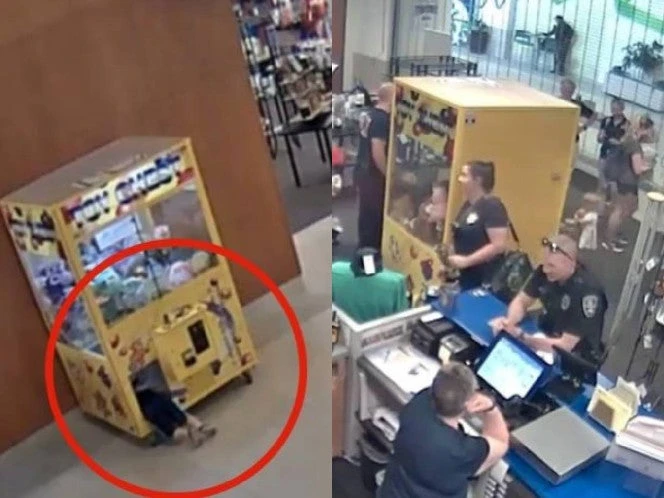 VIDEO | Niño se mete en máquina de peluches y tienen que llamar a la policía