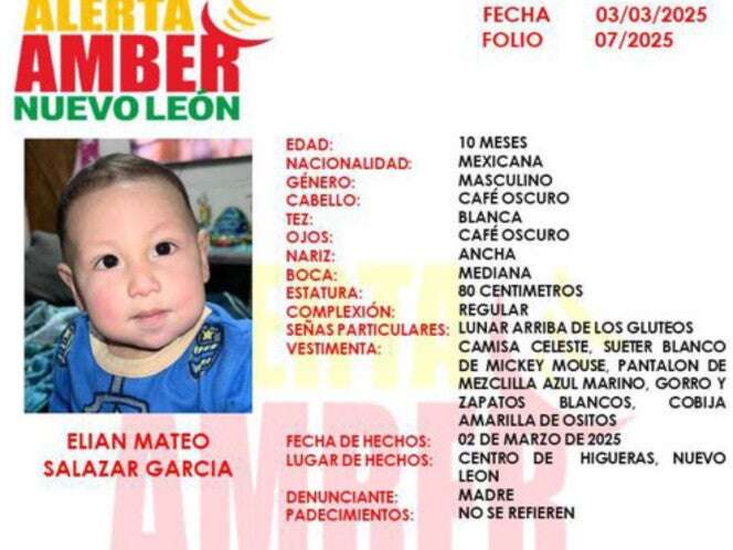 Desaparece bebé en Nuevo León; activan Alerta Amber