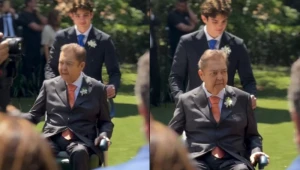 De cadeira de rodas, Faustão leva filha Lara ao altar durante casamento