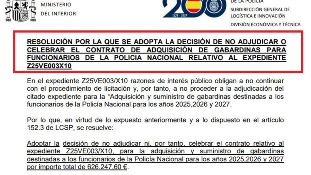 Interior recula ante las críticas y anula el contrato de 626.247 euros para comprar gabardinas a los mandos de la Policía