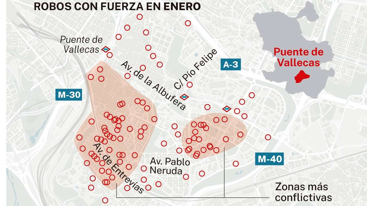 Este es el mapa policial que muestra dónde se producen los robos en Puente de Vallecas