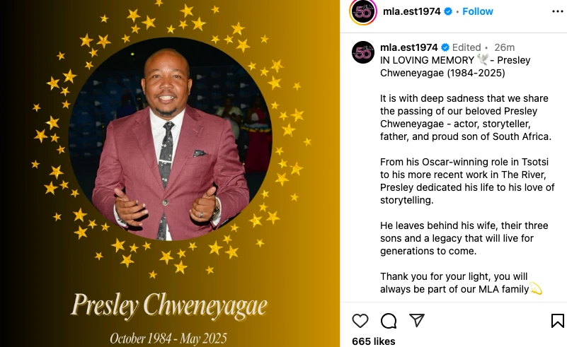 Tributes Pour In for South African Actor Presley Chweneyagae