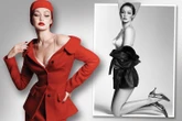 Gigi Hadid looks stunning in  bright red suit jacket and matching pencil skirt for high fashion shoot