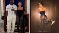 Bianca Censori flashes her bum in see-through tights as she smiles next to husband Kanye in glam New Year snap