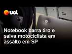 Criminoso atira nas costas de motociclista e notebook na mochila impede ferimento grave em SP; vídeo