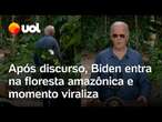 Biden discursa na Amazônia, caminha para dentro da floresta após coletiva e momento viraliza; vídeo