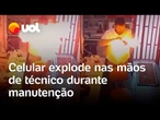 Celular explode nas mãos de técnico durante manutenção em loja de Goiás; vídeo registra o momento