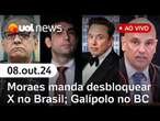 Moraes manda desbloquear X / Twitter no Brasil; Galípolo aprovado no BC e mais ao vivo l UOL News