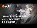 Jovem fica pendurada por uma corda em elevador e é salva por amigas no Paraná; veja o momento