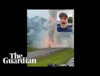 Truck hauling fireworks catches fire on US highway and spark explosive display