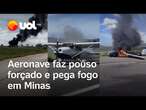 Aeronave faz pouso forçado e pega fogo em aeroporto no interior de MG; veja vídeo