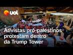 Ativistas judeus pró-palestinos protestam dentro da Trump Tower após prisão de Mahmoud Khalil.