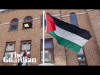 Moment Palestinian flag is raised outside embassy in London