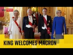 King welcomes Macron in French and President Macron pays tribute to late Queen