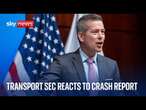 US Transport Secretary reacts to report on Washington plane crash