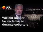 William Bonner faz reclamação ao vivo durante cobertura das eleições nos EUA: 'Moça canta muito mal'