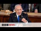 Benjamin Netanyahu defends Gaza war as protesters rally outside US Congress | BBC News