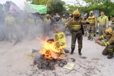 Queman carteles con la cara de Quiñones y Mañueco durante una protesta previa a la comparecencia de éste ante las Cortes por los incendios
