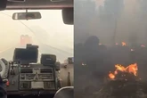 Uno de los incendios vistos desde el interior de un coche de bomberos en dirección a Navas del Rey