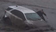 LA Fire Department Chevy Pushed Into Pacific Ocean By Huge Mudslide