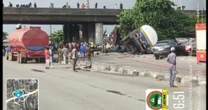 Tragedy averted as fully-loaded petrol tanker, Lexus SUV collide in Lagos