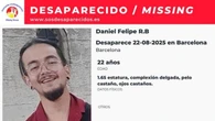 Sin pistas sobre el paradero de Daniel Felipe R. B., un joven de 22 años desaparecido en Barcelona