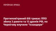 Протиповітряний бій триває: ППО збила 3 ракети та 13 дронів РФ, по Чернігову влучили 