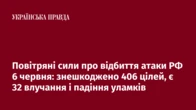 Повітряні сили про відбиття атаки РФ 6 червня: знешкоджено 406 цілей, є 32 влучання і падіння уламків