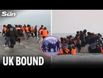 Moment migrants pack into dinghies for UK as French authorities look on