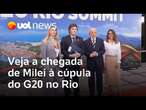 G20: Milei chega para reunião com líderes mundiais no Rio e cumprimenta Lula e Janja; veja o momento