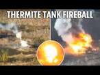 Dragon drone spews molten thermite on Russian tank in explosive Ukraine frontline combat