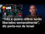 Reféns: três a quatro prisioneiros serão liberados semanalmente, diz porta-voz de Israel; vídeo