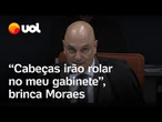 Moraes brinca que 'cabeças irão rolar' em seu gabinete após erro em slide e Dino reage; veja vídeo