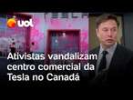 Loja da Tesla, de Elon Musk, é vandalizada por ativistas com spray rosa no Canadá; vídeo