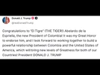 Trump diz esperar ‘com entusiamo’ poder trabalhar com ultradireitista eleito na Colômbia | AFP