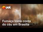 Fumaça toma conta do céu de Brasília com incêndio no Parque Nacional; fogo já chega perto das casas