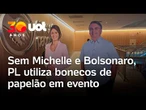 Evento de Flávio em SP tem Bolsonaro e Michelle de papelão, menção a Moraes e superlotação