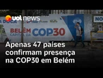 COP30: apenas 47 dos 196 países esperados em Belém confirmaram presença e hospedagem para o evento