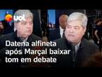 Marçal baixa tom em debate e Datena alfineta: 'o monstro sempre aparece'