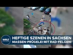 SACHSEN: Heftige Szenen auf Straße! Massen-Schlägerei mit Rad-Felgen und Schaufeln