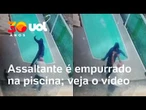 Assaltante é empurrado na piscina após lutar com refém; vídeo mostra fuga e uma vítima amarrada