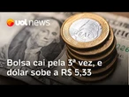 Bolsa cai pela 3ª vez e fica abaixo de 157 mil pontos; dólar sobe a R$ 5,33