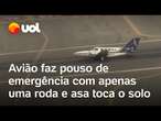 Avião faz pouso de emergência com apenas uma roda e asa toca o solo em aeroporto nos EUA; vídeo