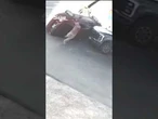 Terrifying moment man runs for his life as speeding out of control car ploughs into his truck