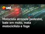 Motorista atropela pedestre, mata motociclista e foge sem prestar socorro em avenida de SP; vídeo