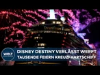 DISNEY DESTINY: Feuerwerk und Hunderte Schaulustige - Kreuzfahrtschiff verlässt Werft in Papenburg