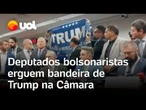 Deputados bolsonaristas erguem bandeira de Trump na Câmara em meio à imposição de tarifas dos EUA