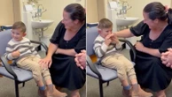 Boy reacts to hearing after cochlear implants