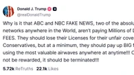 Nel giorno in cui vengono uccisi giornalisti a Gaza, Trump attacca: "Togliere licenze a ABC e NBC"